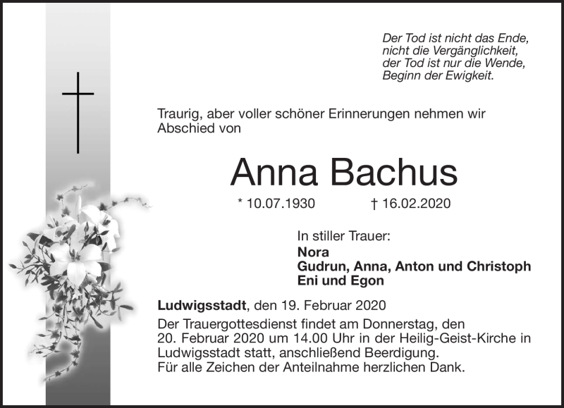  Traueranzeige für Anna Bachus vom 19.02.2020 aus Neue Presse Coburg