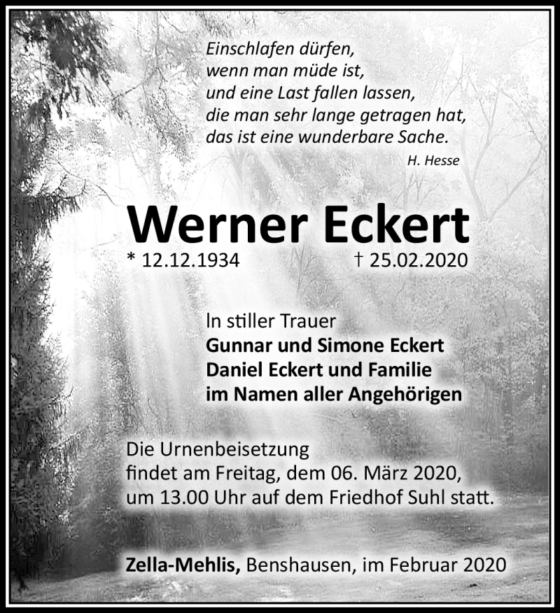 Traueranzeige für Werner Eckert vom 29.02.2020 aus Südthüringer Presse