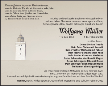 Traueranzeige von Wolfgang Müller von Südthüringer Presse