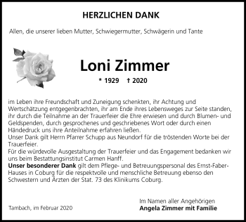 Traueranzeige von Loni Zimmer von Neue Presse Coburg