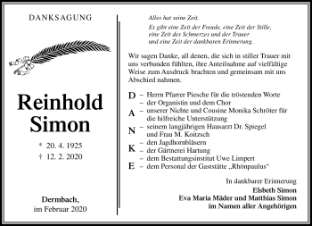 Traueranzeige von Reinhold Simon von Südthüringer Presse