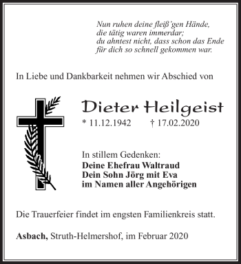 Traueranzeige von Dieter Heilgeist von Südthüringer Presse
