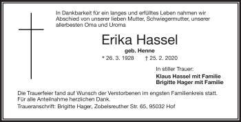 Traueranzeige von Erika Hassel von Frankenpost