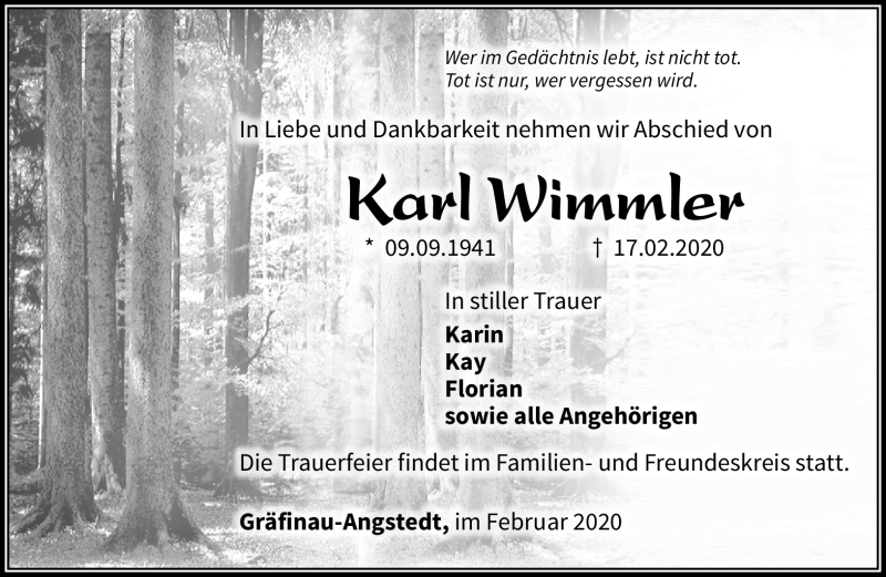  Traueranzeige für Karl Wimmler vom 22.02.2020 aus Südthüringer Presse
