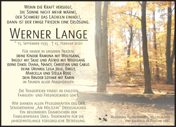 Traueranzeige von Werner Lange von Südthüringer Presse
