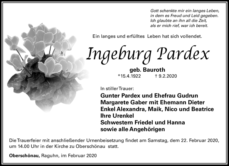  Traueranzeige für Ingeborg Pardex vom 15.02.2020 aus Südthüringer Presse