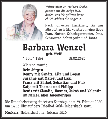 Traueranzeige von Barbara Wenzel von Südthüringer Presse