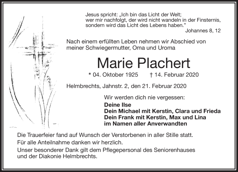  Traueranzeige für Marie Plachert vom 21.02.2020 aus Frankenpost