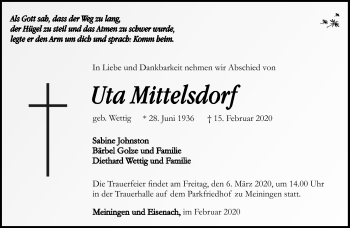Traueranzeige von Uta Mittelsdorf von Südthüringer Presse