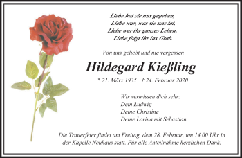 Traueranzeige von Hildegard Kießling von Frankenpost