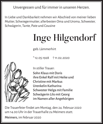 Traueranzeige von Inge Hilgendrof von Südthüringer Presse