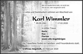 Traueranzeige von Karl Wimmler von Südthüringer Presse