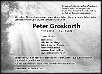 Traueranzeige von Peter Groskorth von Südthüringer Presse