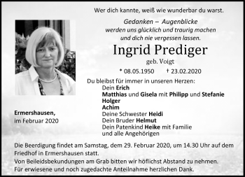 Traueranzeige von Ingrid Prediger von Neue Presse Coburg