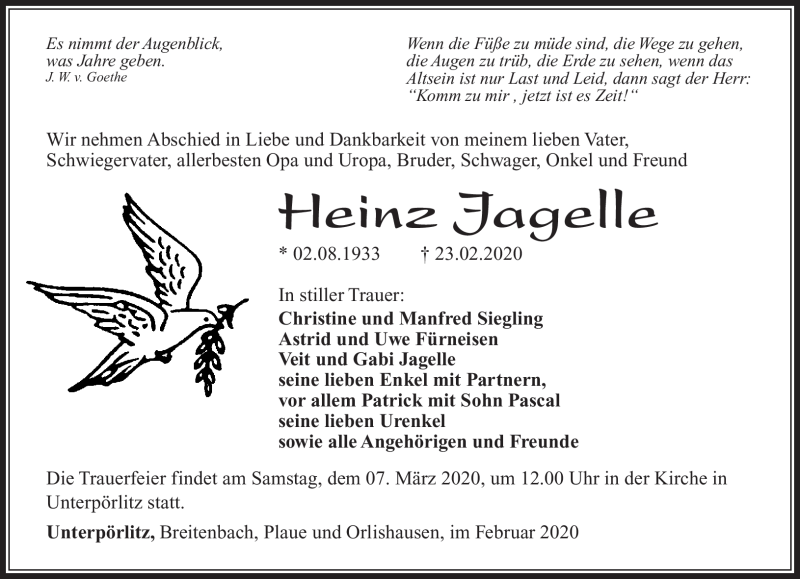  Traueranzeige für Heinz Jagelle vom 29.02.2020 aus Südthüringer Presse