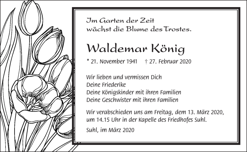  Traueranzeige für Waldemar Könige vom 07.03.2020 aus Südthüringer Presse