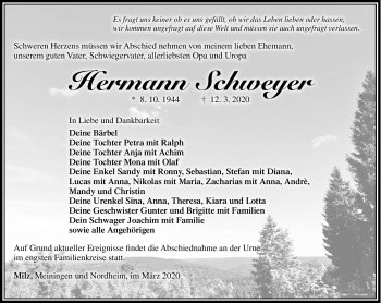 Traueranzeige von Hermann Schweyer von Südthüringer Presse