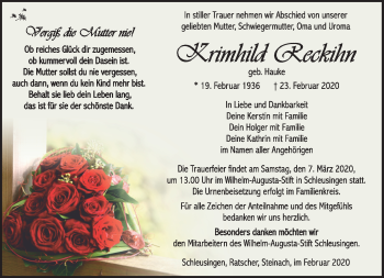 Traueranzeige von Krimhild Reckihn von Südthüringer Presse