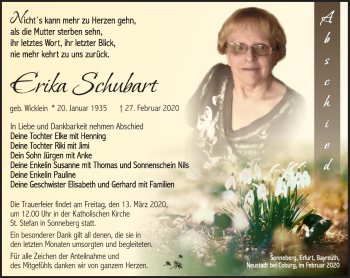 Traueranzeige von Erika Schubart von Südthüringer Presse