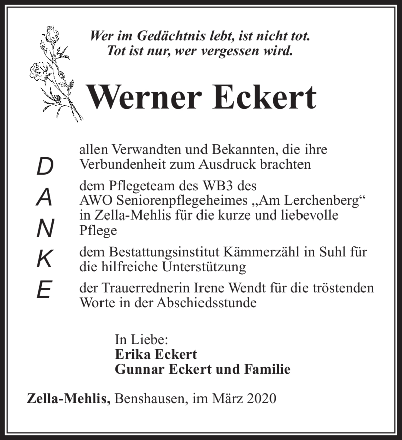  Traueranzeige für Werner Eckert vom 14.03.2020 aus Südthüringer Presse