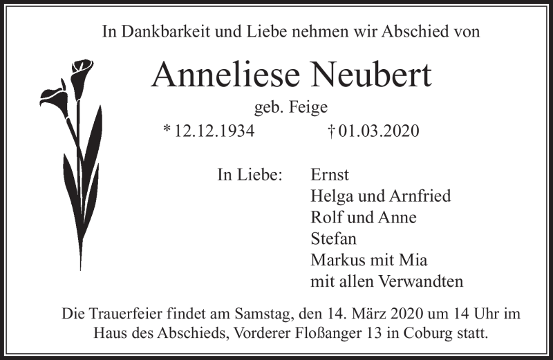  Traueranzeige für Anneliese Neubert vom 07.03.2020 aus Neue Presse Coburg