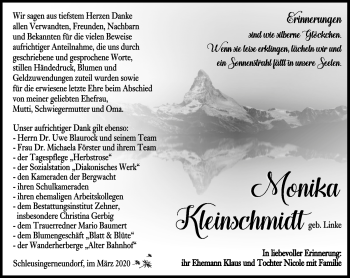 Traueranzeige von Monika Kleinschmidt von Südthüringer Presse