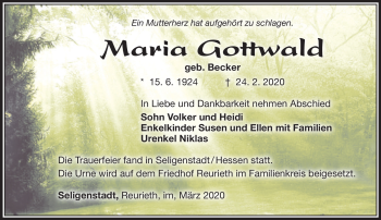 Traueranzeige von Maria Gottwald von Südthüringer Presse