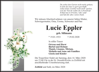 Traueranzeige von Lucie Eppler von Südthüringer Presse