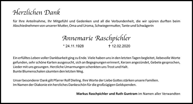  Traueranzeige für Annemarie Raschpichler vom 07.03.2020 aus Neue Presse Coburg