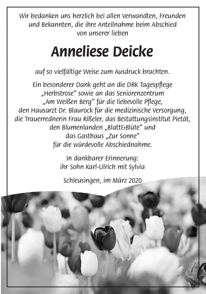  Traueranzeige für Anneliese Deicke vom 03.03.2020 aus Südthüringer Presse