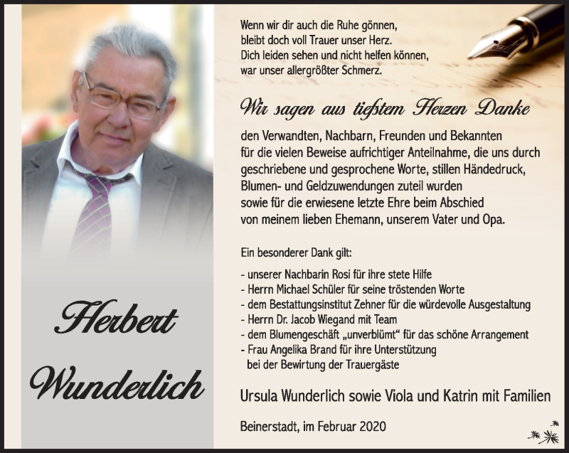  Traueranzeige für Herbert Wunderlich vom 29.02.2020 aus Südthüringer Presse