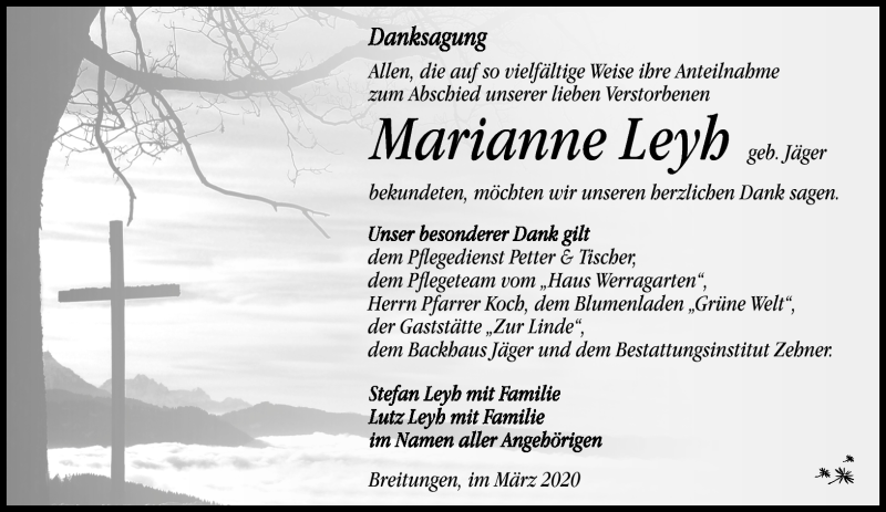 Traueranzeige für Marianne Leyh vom 07.03.2020 aus Südthüringer Presse