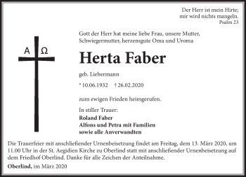 Traueranzeige von Herta Faber von Südthüringer Presse