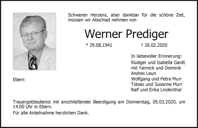  Traueranzeige für Werner Prediger vom 03.03.2020 aus Neue Presse Coburg