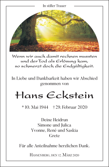 Traueranzeige von Hans Eckstein von Neue Presse Coburg