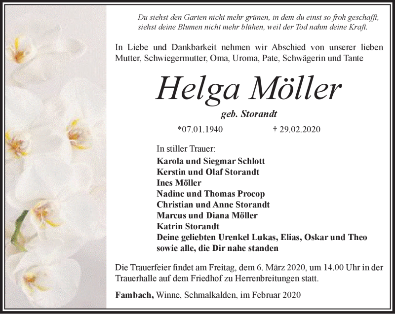  Traueranzeige für Helga Möller vom 04.03.2020 aus Südthüringer Presse