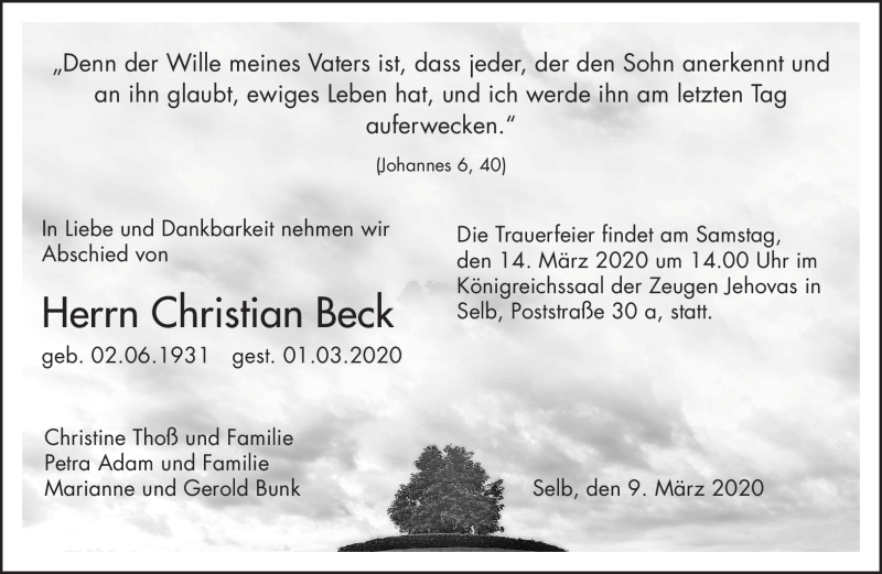 Traueranzeige für Christian Beck vom 09.03.2020 aus Frankenpost