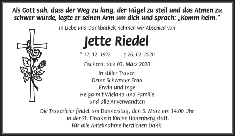  Traueranzeige für Jette Riedel vom 03.03.2020 aus Frankenpost