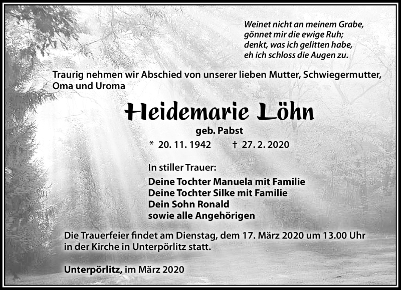  Traueranzeige für Heidemarie Löhn vom 07.03.2020 aus Südthüringer Presse