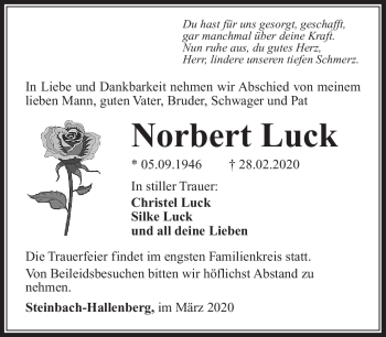 Traueranzeige von Norbert Luck von Südthüringer Presse