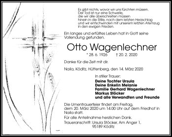 Traueranzeige von Otto Wagenlechner von Frankenpost