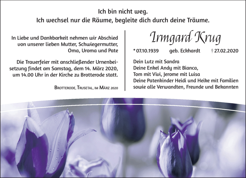  Traueranzeige für Irmgard Krug vom 07.03.2020 aus Südthüringer Presse