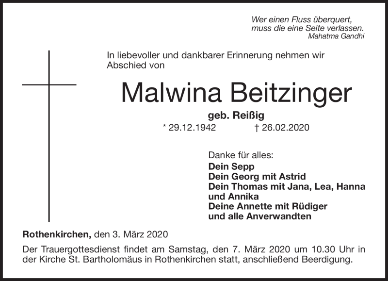  Traueranzeige für Malwina Beitzinger vom 03.03.2020 aus Neue Presse Coburg