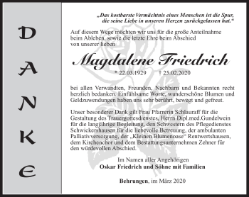 Traueranzeige von Magdalene Friedrich von Südthüringer Presse