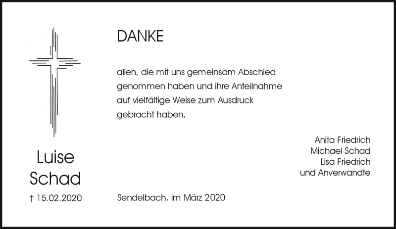  Traueranzeige für Luise Schad vom 21.03.2020 aus Neue Presse Coburg