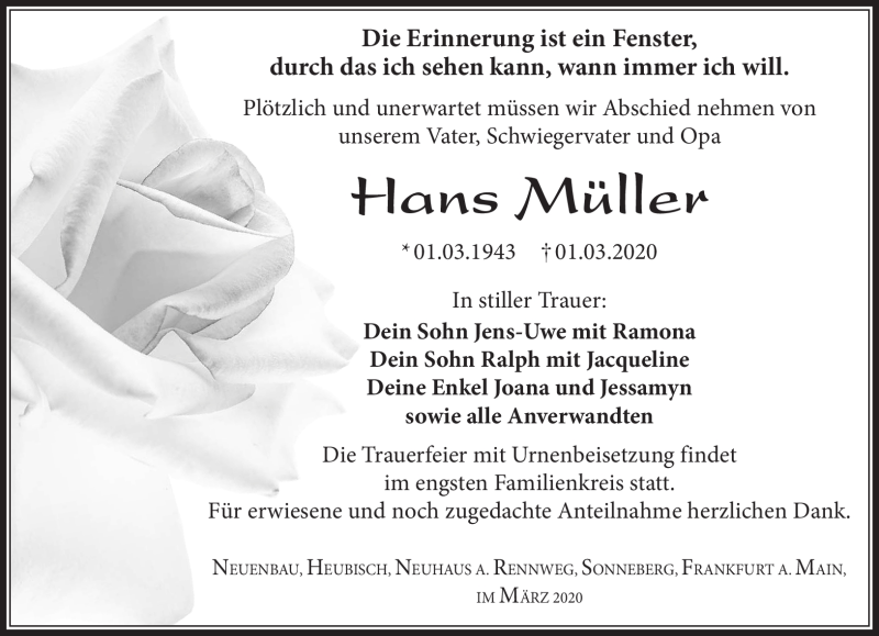  Traueranzeige für Hans Müller vom 18.03.2020 aus Südthüringer Presse
