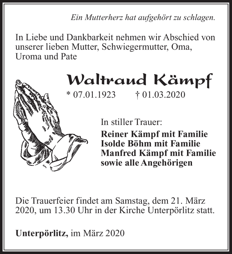  Traueranzeige für Waltraud Kämpf vom 14.03.2020 aus Südthüringer Presse
