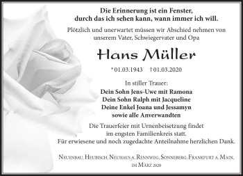 Traueranzeige von Hans Müller von Südthüringer Presse