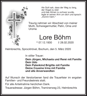 Traueranzeige von Lore Böhm von Frankenpost
