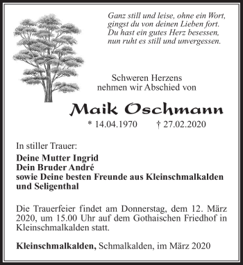 Traueranzeige von Maik Oschmann von Südthüringer Presse